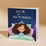 The Sleepy Princess personalized bedtime book for children with a custom name on the hardcover cover.