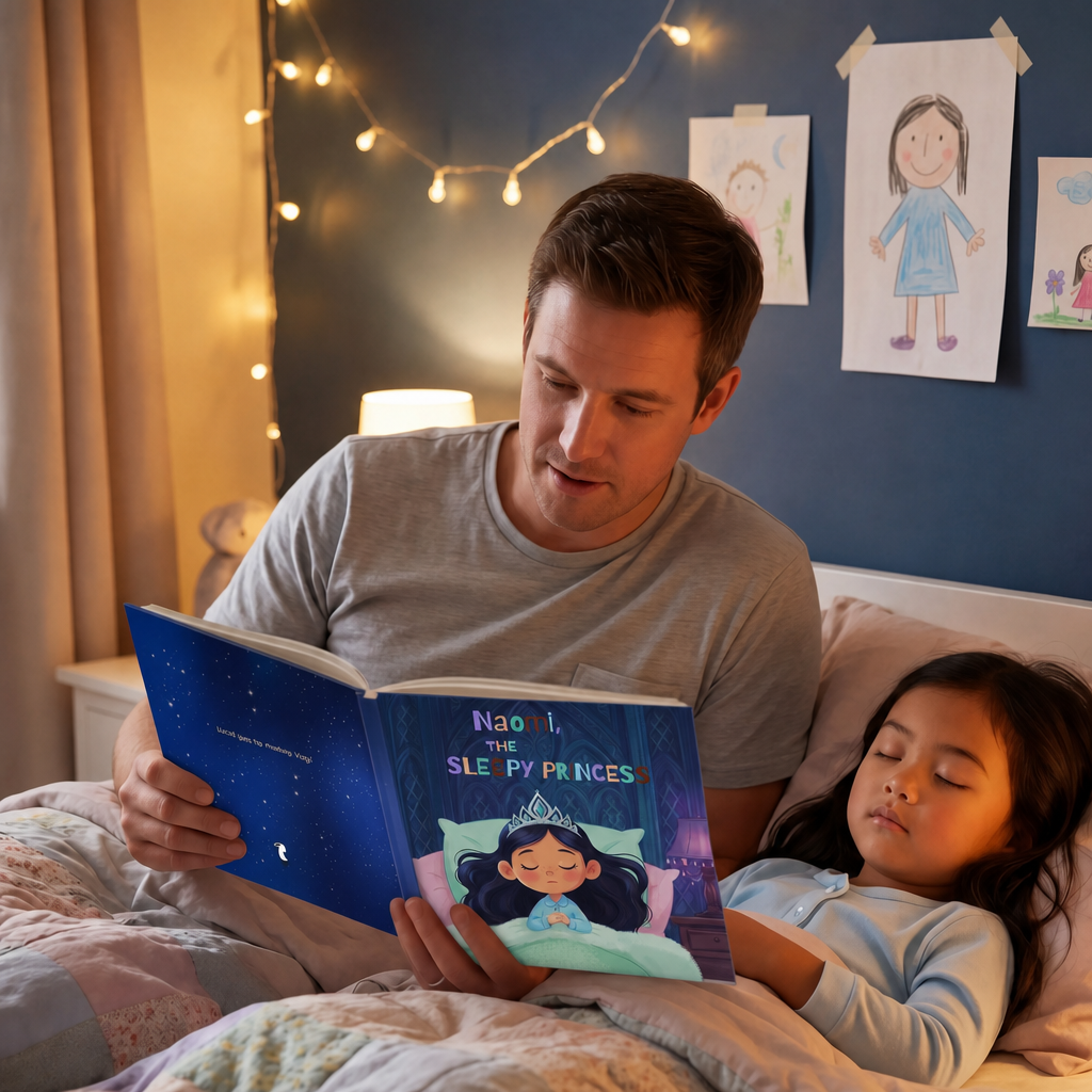 Dad reading The Sleepy Princess personalized bedtime book to his daughter during a cozy bedtime routine.