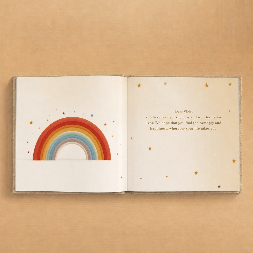 Personalized birthday book dedication page with the child’s name, a loving message, rainbow, and stars.