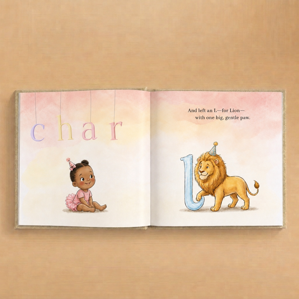 An open children's alphabet book laid flat on a warm beige background. The left page shows the letters 'char' in pastel colors above an illustration of a baby girl in a pink outfit.