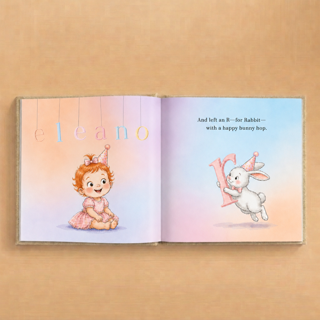Inside spread of a personalized birthday book showing the child’s name letters and a rabbit holding the letter R.