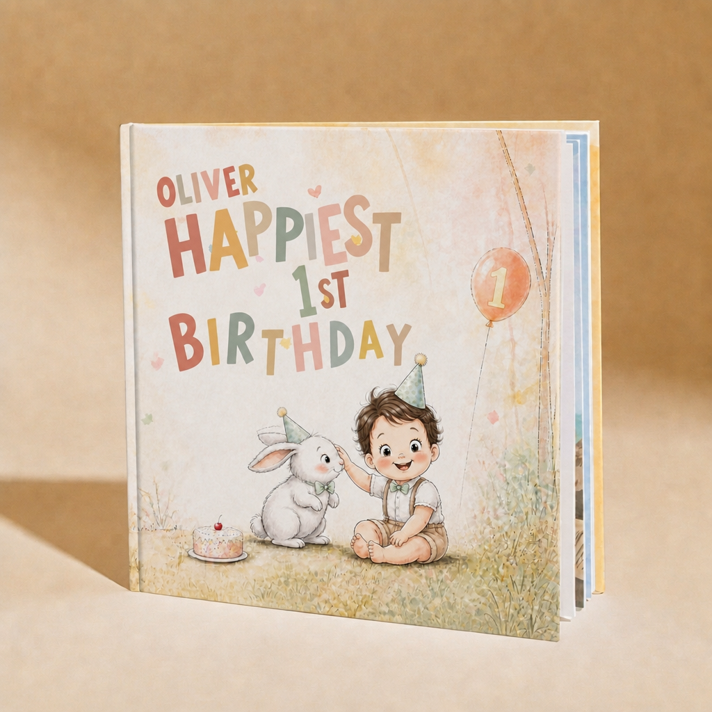 Cover of a personalized first birthday book for a boy named Oliver, with a bunny, birthday cake, balloon, and age 1.