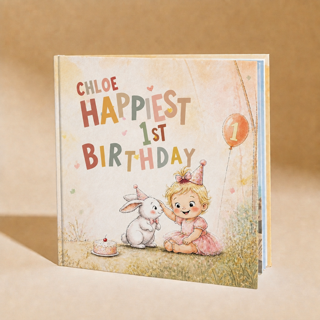 Cover of a personalized first birthday book for a girl named Chloe, with a bunny, birthday cake, balloon, and age 1.