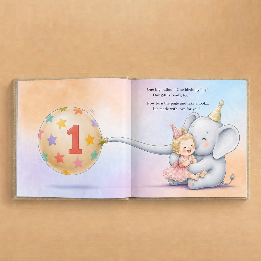 Personalized first birthday book spread showing a child hugging an elephant beside a balloon with the number 1