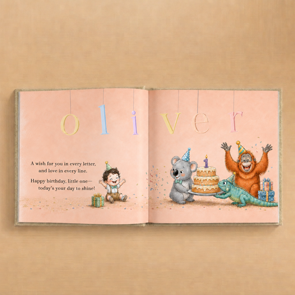 Personalized first birthday book spread revealing the child’s name, with animal friends, birthday cake, gifts, and a first birthday celebration.