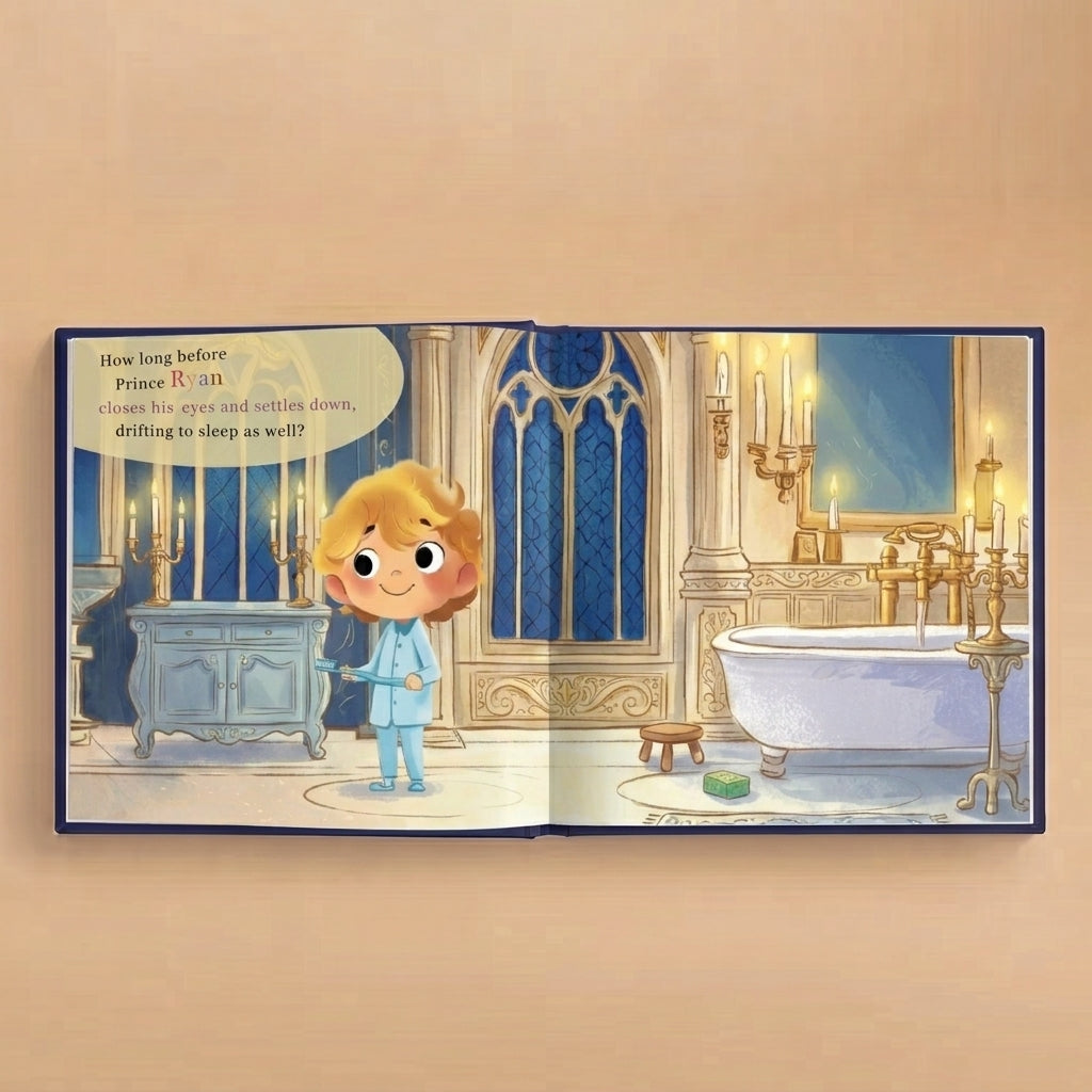 Inside pages of The Sleepy Prince personalized bedtime book showing a prince brushing teeth before bed.