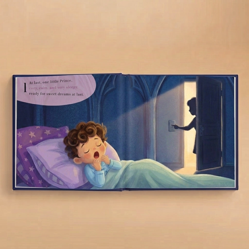 Inside pages of The Sleepy Prince personalized bedtime book showing a sleepy prince ready for sweet dreams.