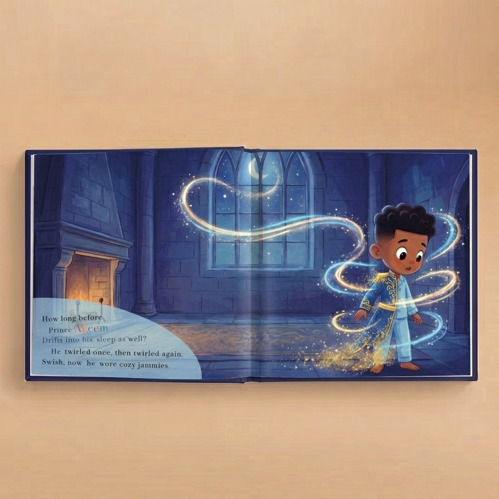 Inside pages of The Sleepy Prince personalized bedtime book showing a magical pajama scene before sleep.