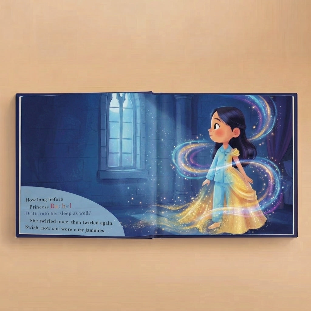 Inside pages of The Sleepy Princess personalized bedtime book showing a magical dress scene before sleep.
