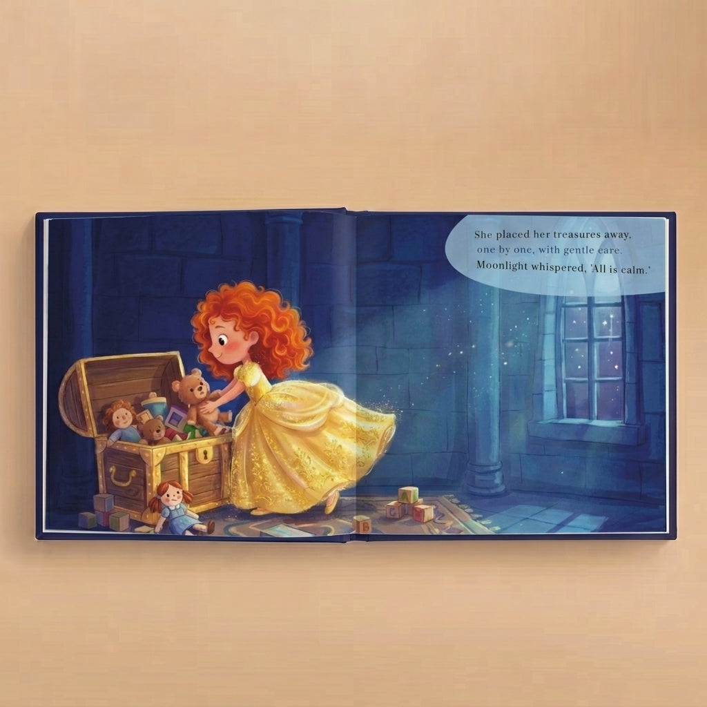 Inside pages of The Sleepy Princess personalized bedtime book showing a princess putting toys away before sleep.