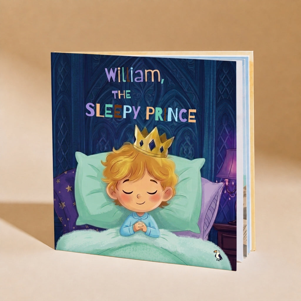 The Sleepy Prince personalized bedtime book for children with a custom child name on the hardcover cover.