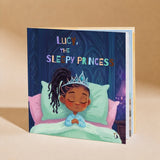 The Sleepy Princess personalized bedtime book for children with a custom child name on the hardcover cover.